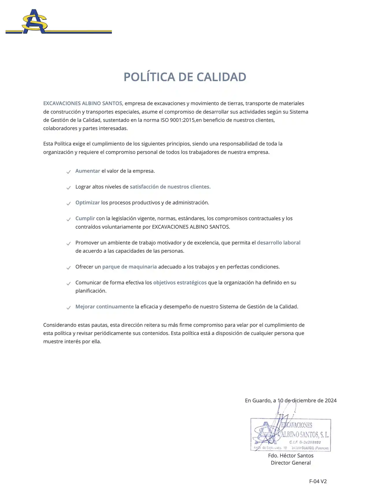 Política de Calidad 2024. Excavaciones Albino Santos